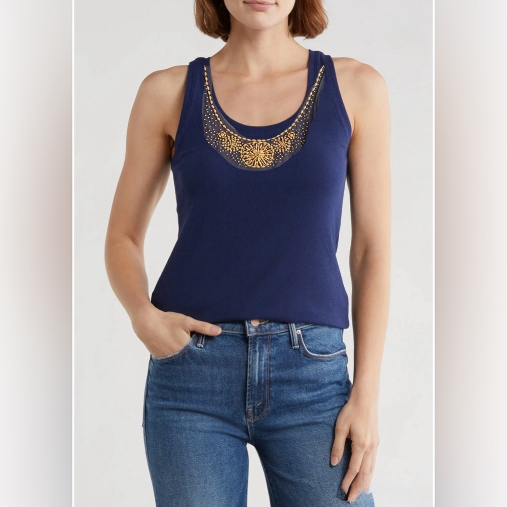 Tommy Bahama Navy Tank Top with Beaded Accents XS